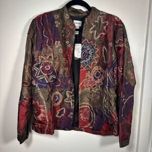 NEW Chico's Messinia Austere Jacket Women Sz L Silk Art To Wear Embroidered Boho